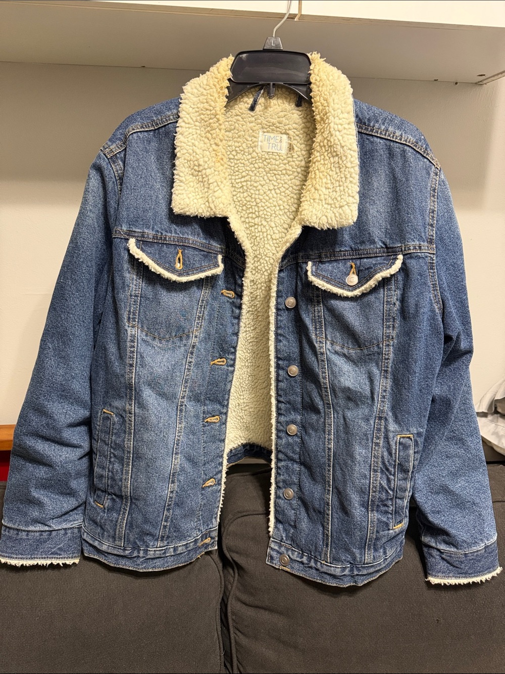 Time and Tru Blue Denim Sherpa-Lined Jacket with Cream Lining